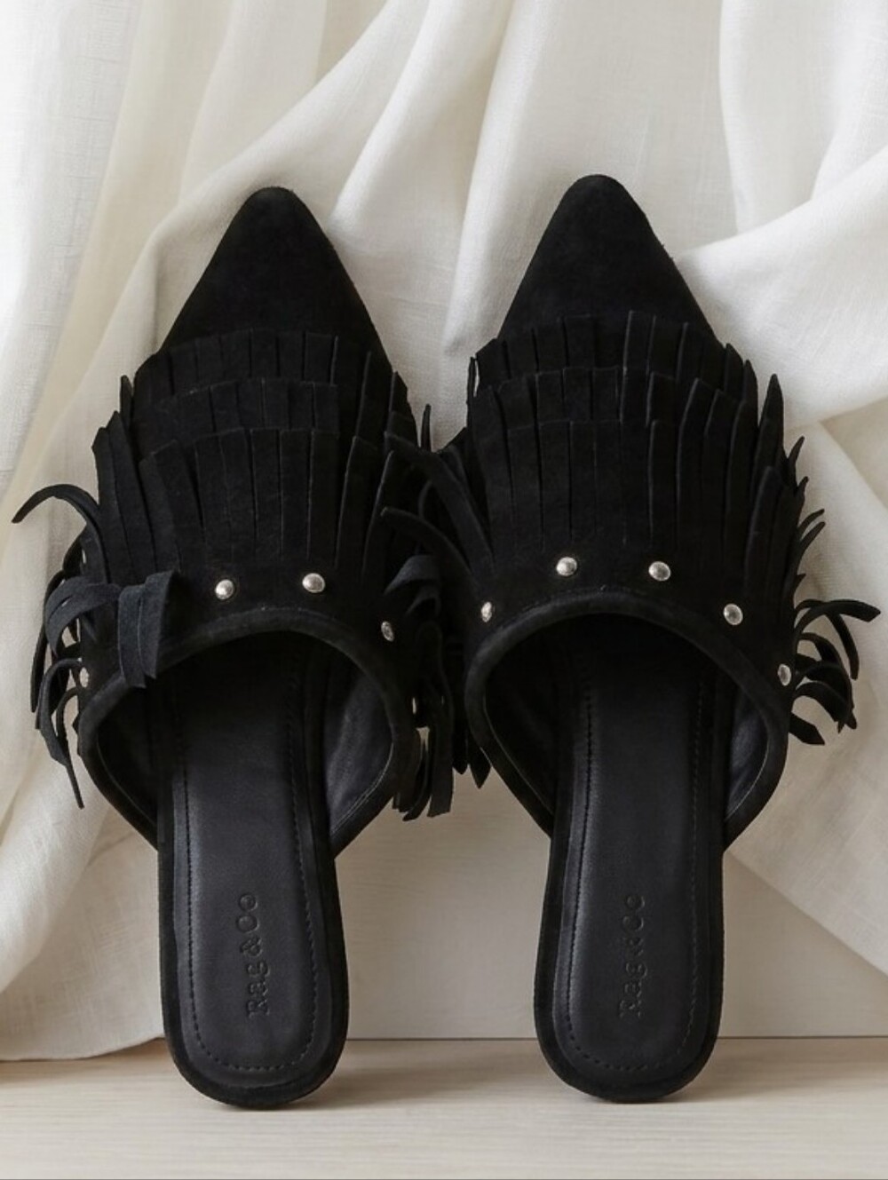 Rag & Co Black Suede Fringe Pointed-Toe Slip-On Mules